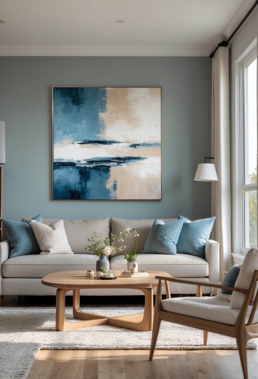 A living room with a sofa, coffee table, and abstract wall art that matches the room's color scheme.