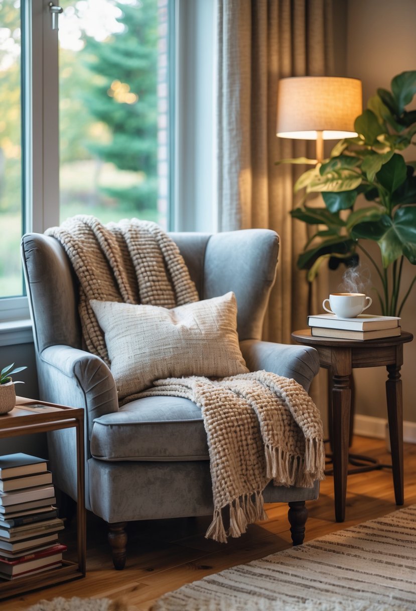 A cozy reading nook with a comfortable armchair, side table with books and tea, a floor lamp, and a potted plant by a window.