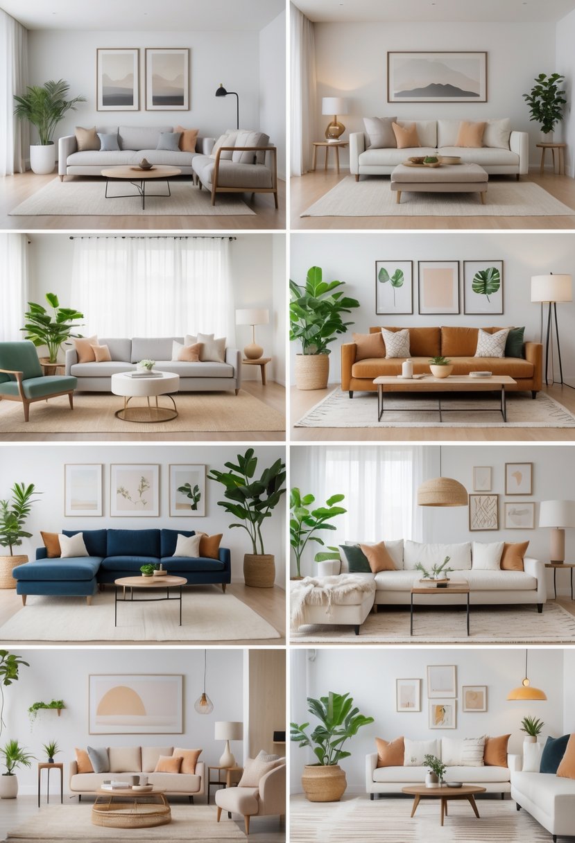 Seven different living rooms displayed side by side, each with sofas, tables, lamps, and decor arranged to show various design ideas.