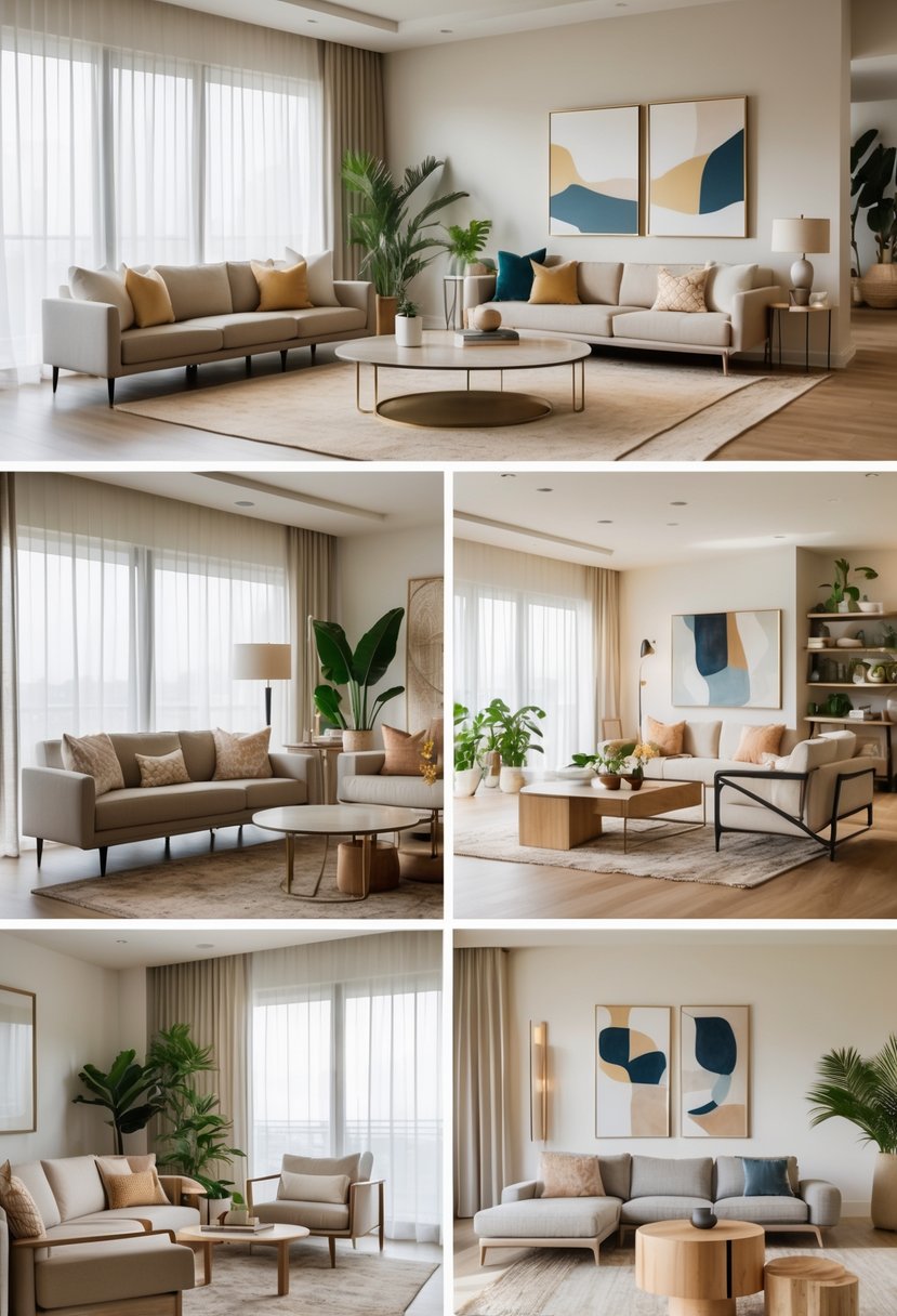 A bright living room with multiple seating areas, large windows, plants, and stylish furniture arranged to inspire interior design ideas.