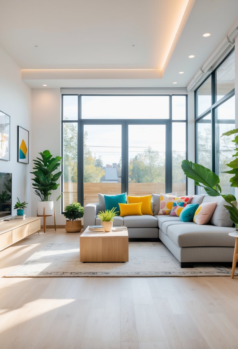 A modern living room with a gray sofa, coffee table, large windows, and indoor plants.