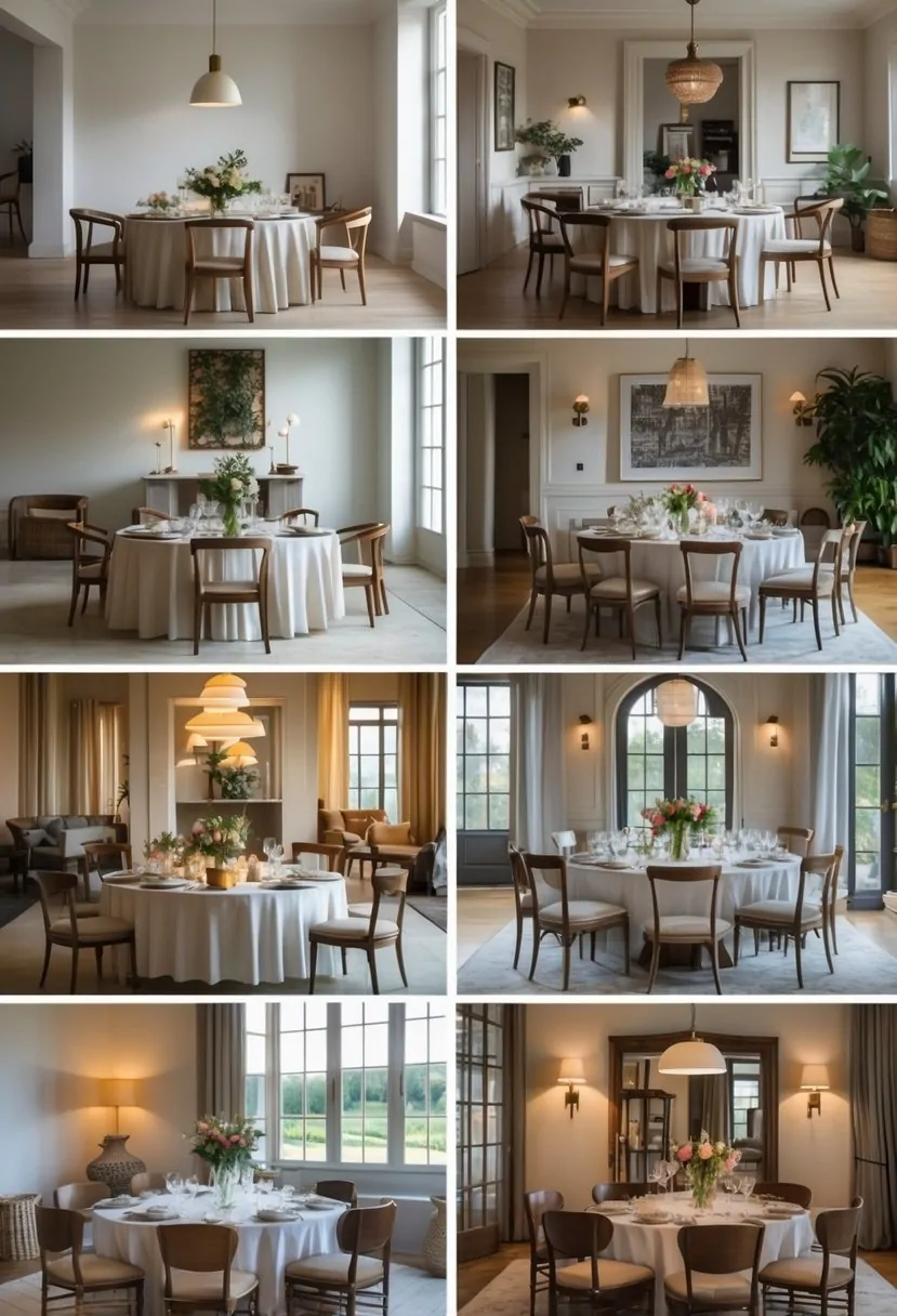Eight dining rooms each with a round table set for meals and surrounded by chairs.