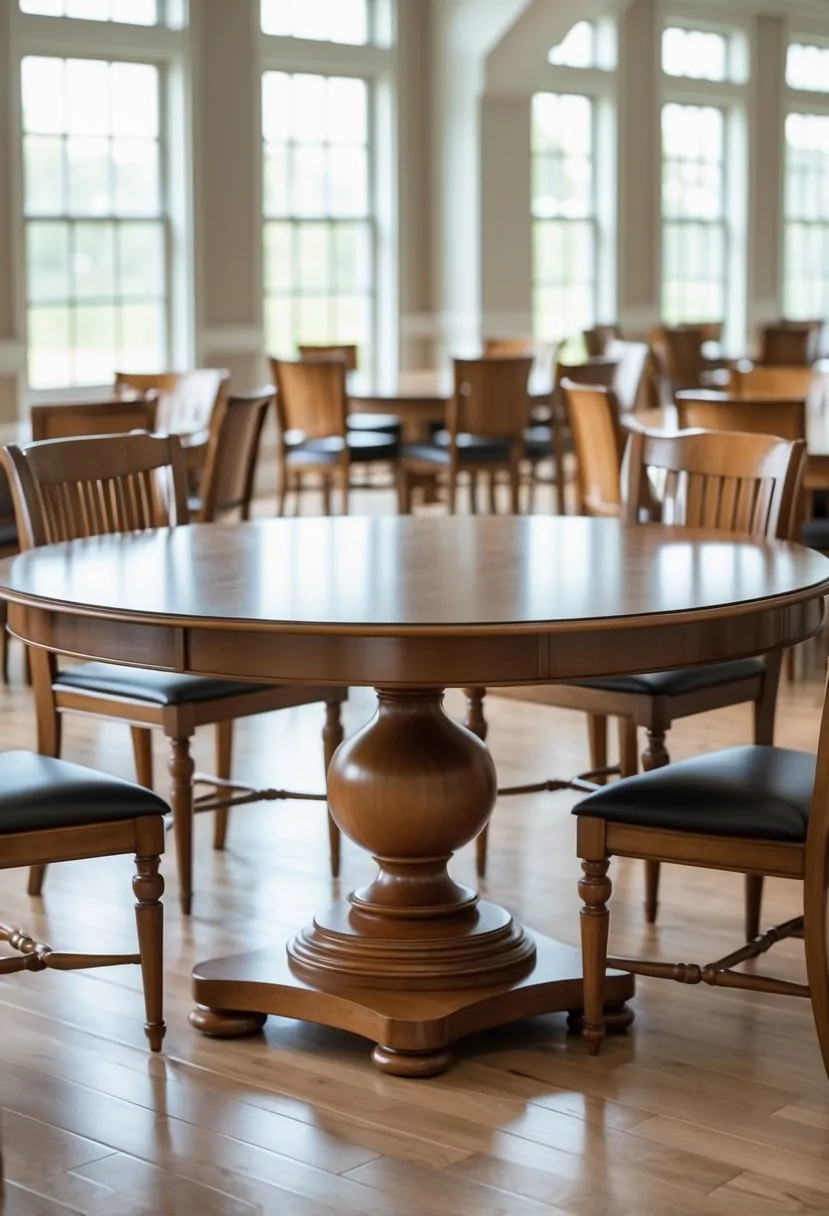 A spacious dining area with a round pedestal dining table and chairs, with several similar dining rooms and round tables visible in the background.