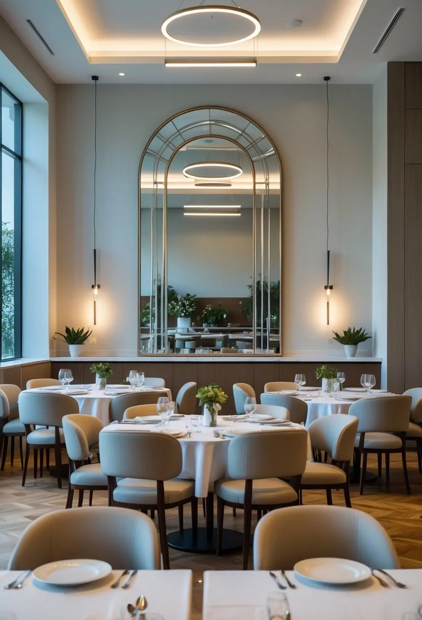 A dining room with a large arched mirror on the wall and eight round tables set for dining.