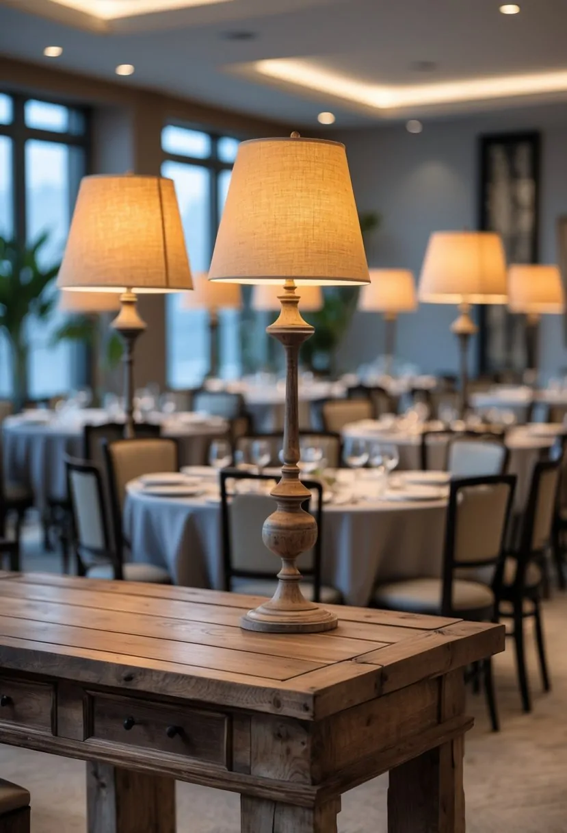 Dining room with eight round tables and a wooden console table with two lamps on top.