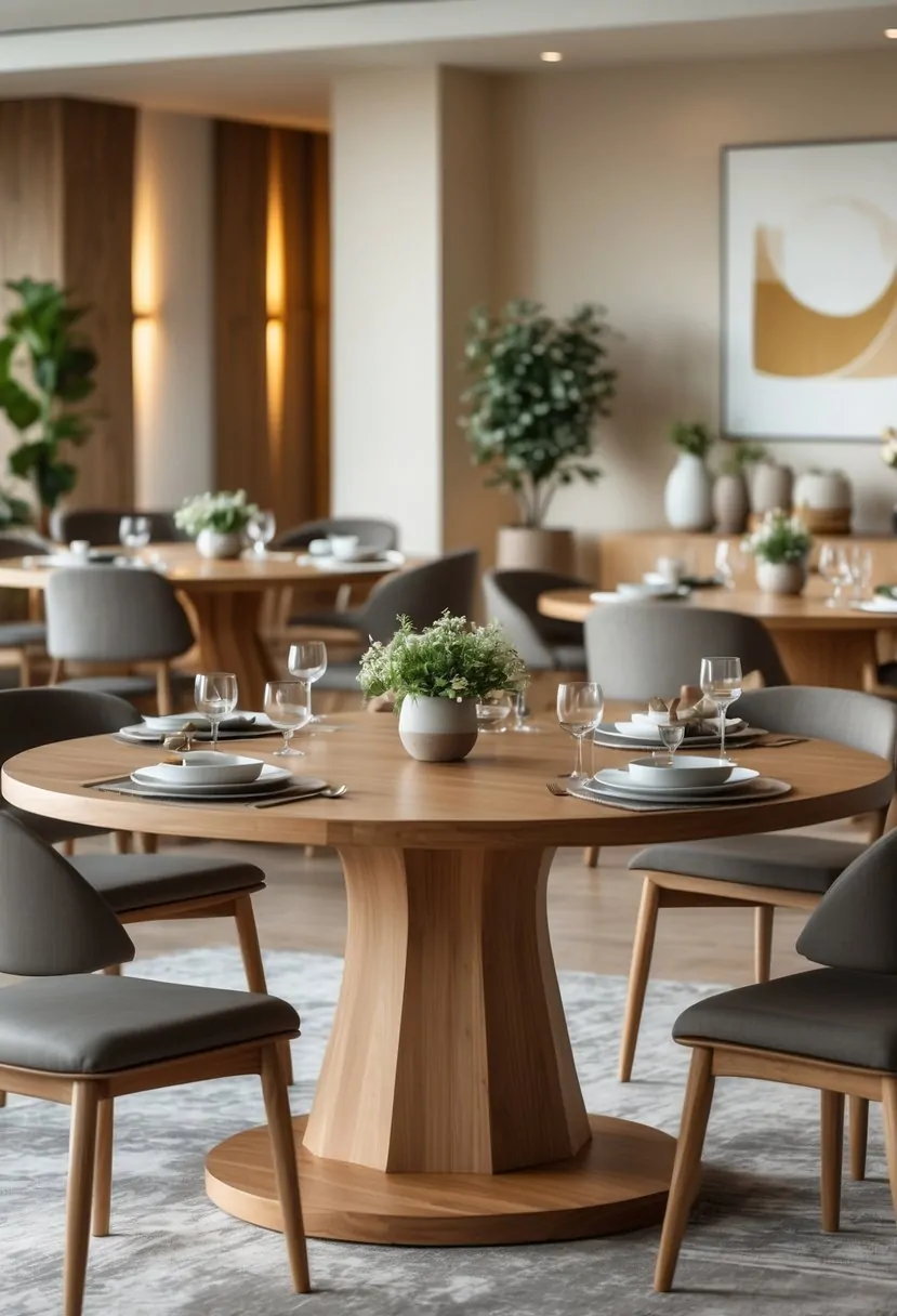 A dining room with multiple round wooden tables and chairs arranged neatly under warm lighting.