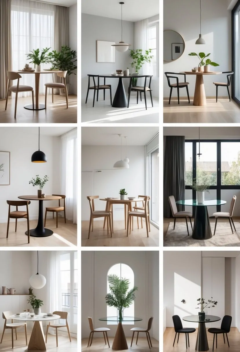 Eight different dining rooms each with a round dining table and chairs arranged in small living spaces.