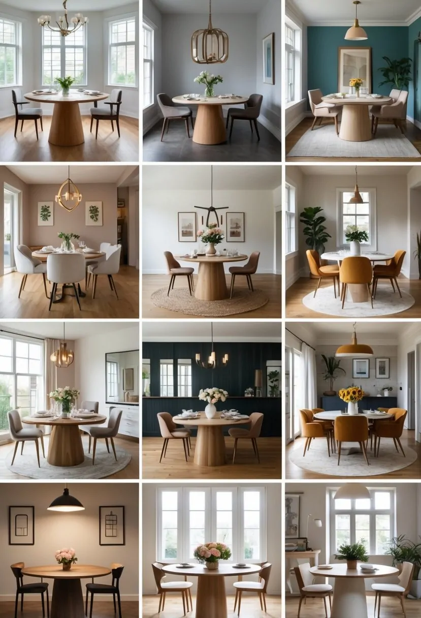 Eight different dining rooms, each with a round dining table surrounded by chairs and various decor styles.