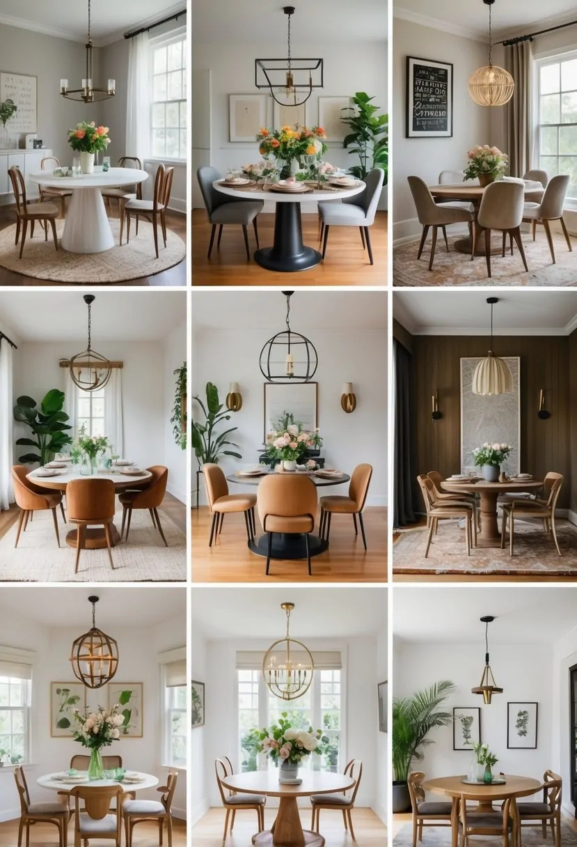 Eight different dining rooms, each with a round dining table and various chairs, lighting, and decor.