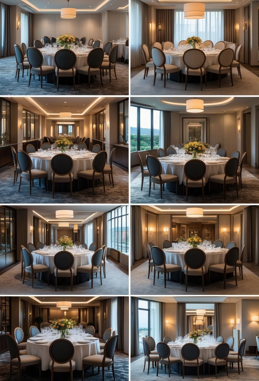 Eight dining rooms each with round tables set for dining, showing different interior designs and seating arrangements.