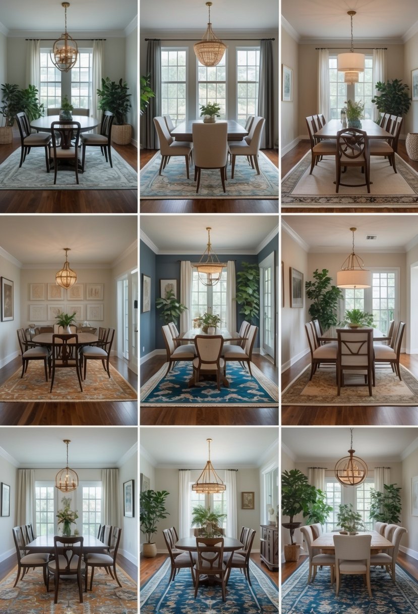 Seven different dining rooms, each with a dining table and chairs placed on a distinct area rug.