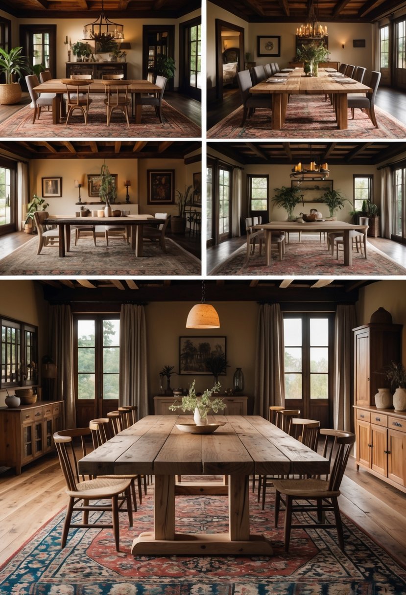 Seven dining rooms each with a rustic wooden dining table placed on a Persian rug.