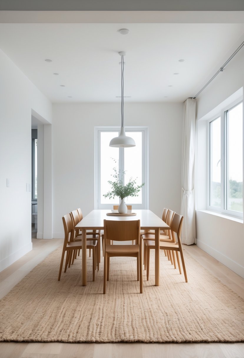 A dining room with a large neutral jute rug under a table surrounded by seven chairs, illuminated by natural light.