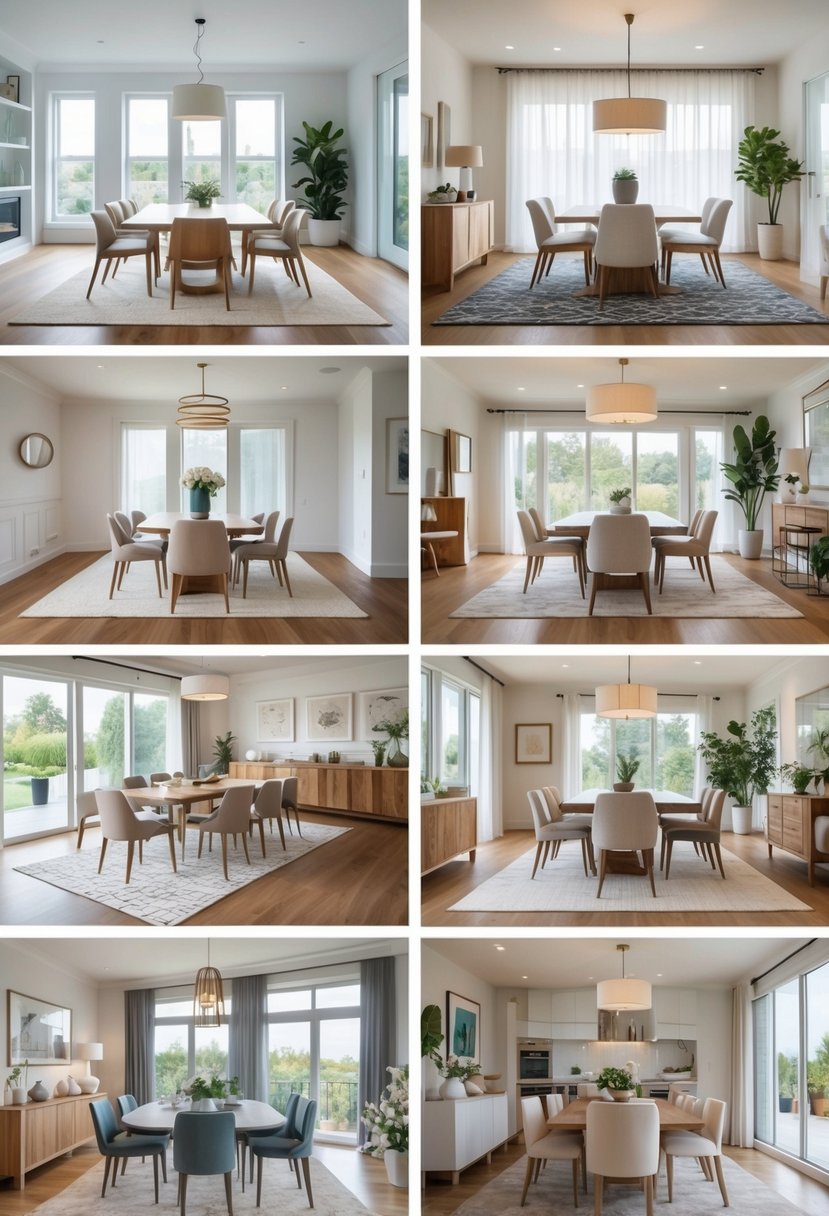Seven dining rooms with rugs under the dining tables, showing clean and practical dining areas.