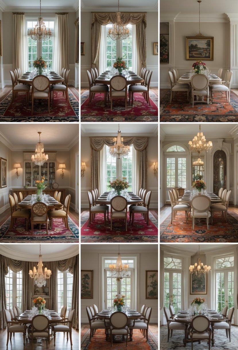 Seven dining rooms each with a dining table and chairs placed on colorful patterned rugs.