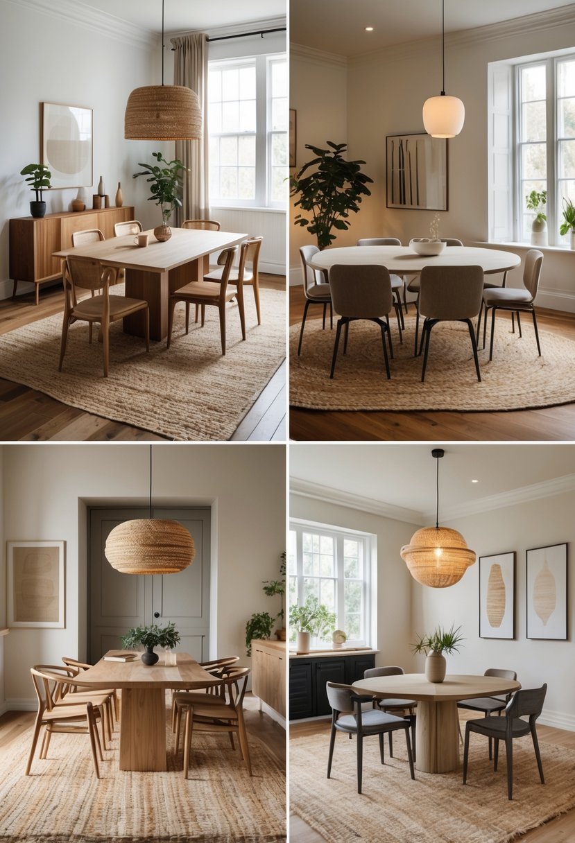 Seven dining rooms with tables and chairs, each featuring natural fiber rugs under the tables.