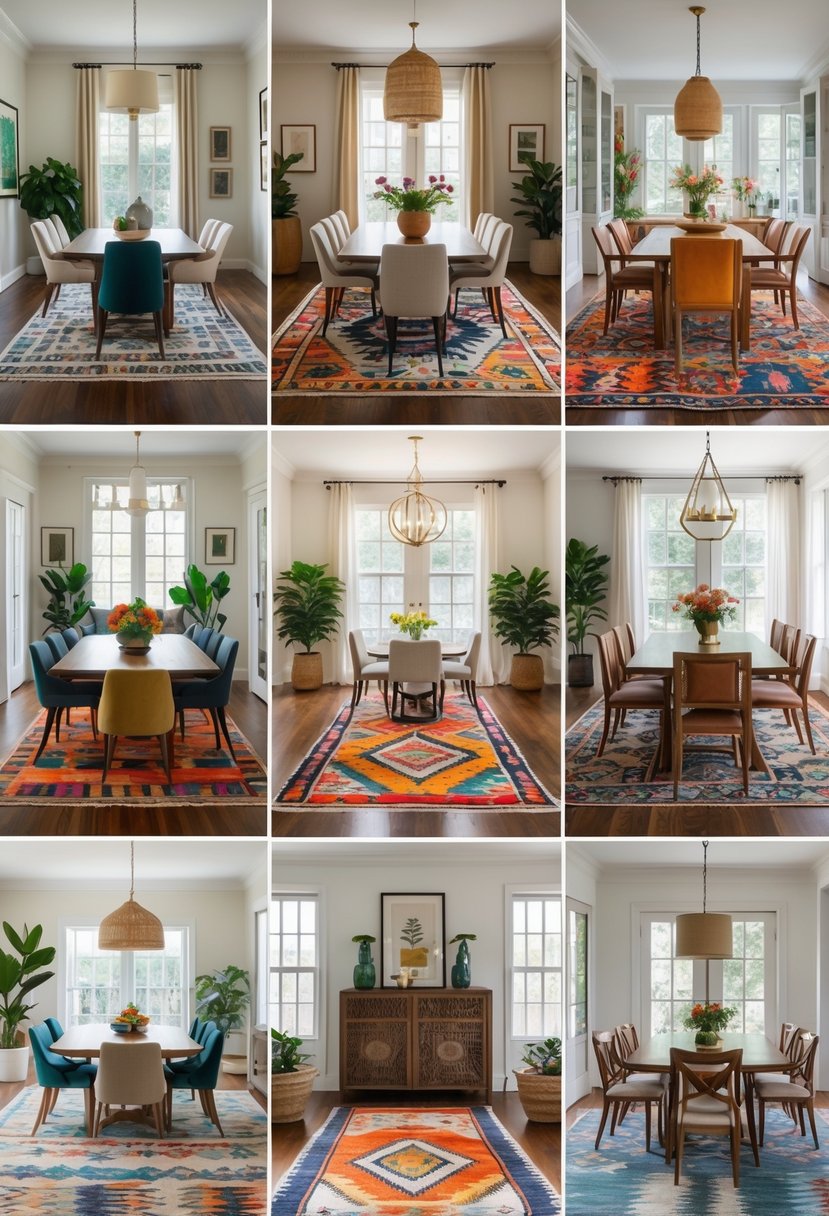 Seven dining rooms with colorful patterned rugs on the floors and dining tables and chairs arranged around them.