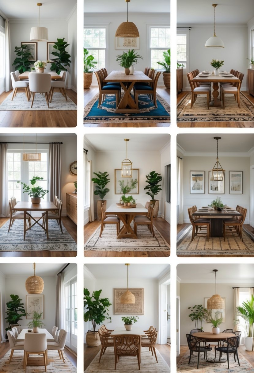 Seven dining rooms, each with a rug under the dining table, showing different furniture and decor arrangements.