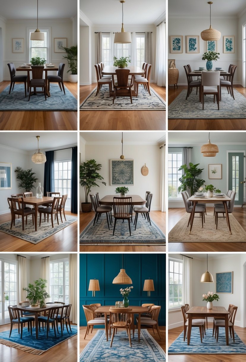 Seven dining rooms, each with a dining table and chairs placed on different rugs beneath them.