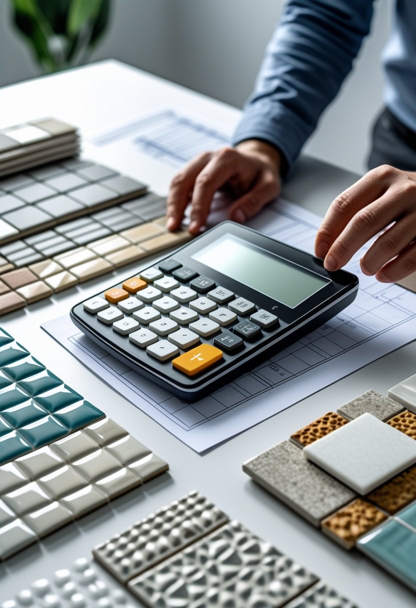 A hand using a calculator next to various tile samples and a floor plan on a desk.