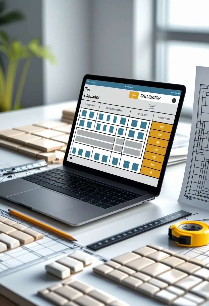 A workspace with a laptop showing a tile calculator interface, ceramic tile samples, a measuring tape, pencil, and blueprints on a desk.