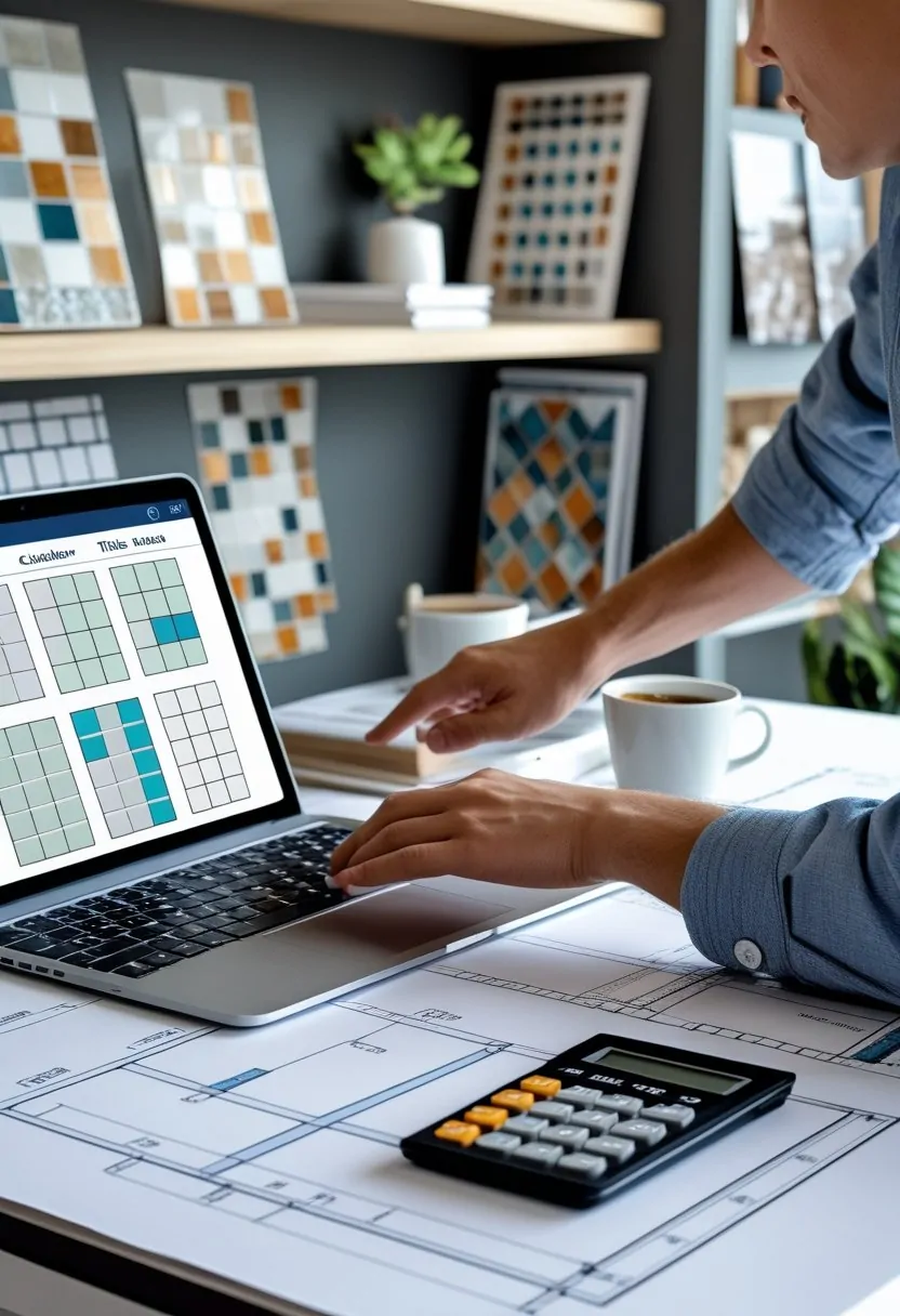 Person using a laptop and tablet on a desk with blueprints and tile samples nearby.
