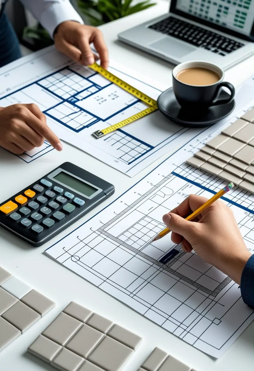 A workspace with a calculator, tile samples, blueprints, and hands pointing at a floor plan for tile measurement and planning.