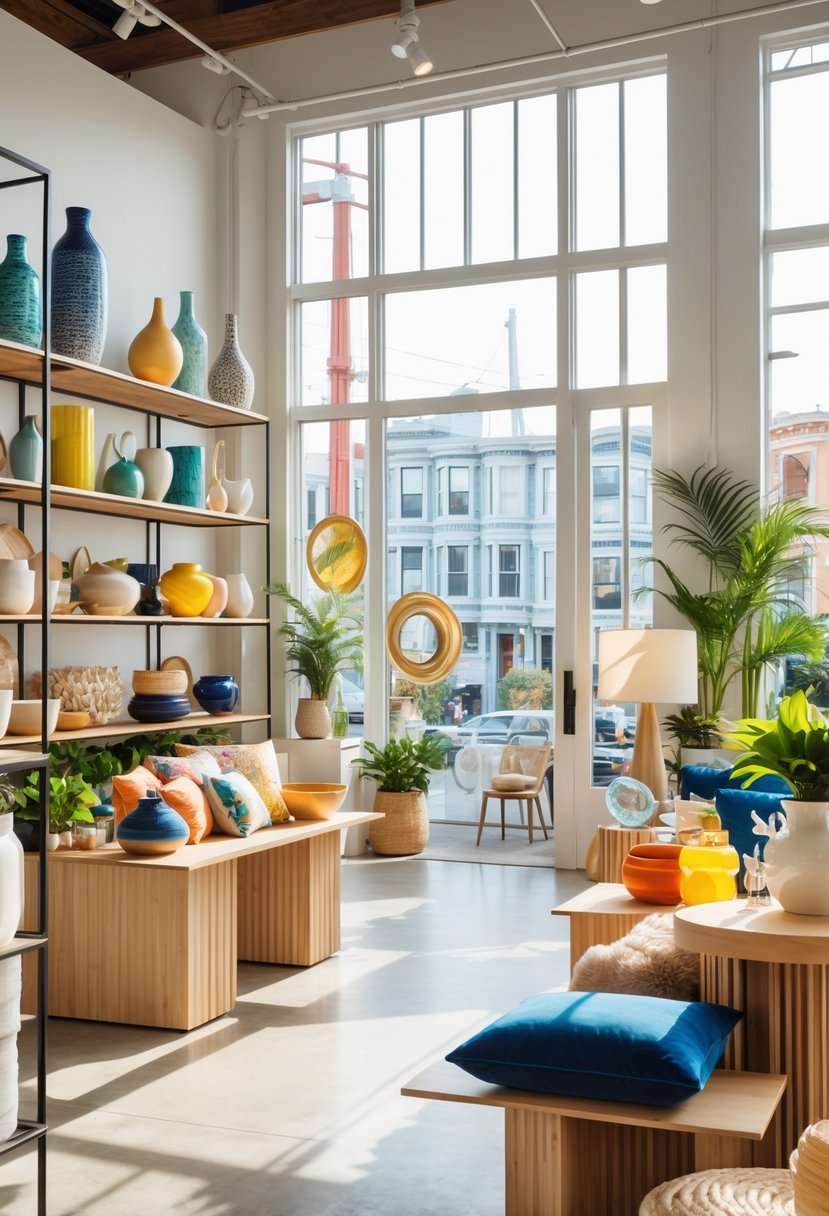 Interior of a bright home decor store with shelves and tables displaying various decorative items and furniture, with large windows showing a cityscape outside.