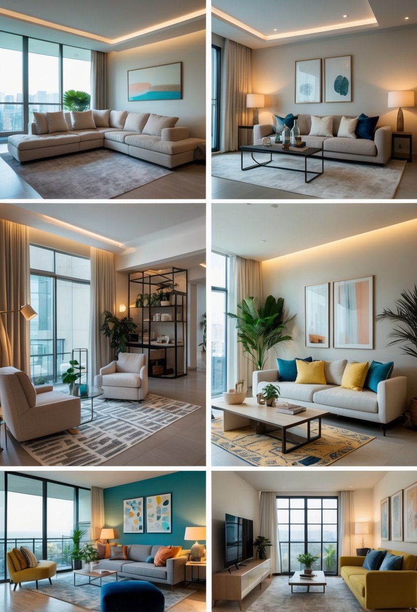 Five different living rooms in apartments, each showing a sofa, coffee table, and various furniture and decor arranged in separate cozy and well-lit spaces.