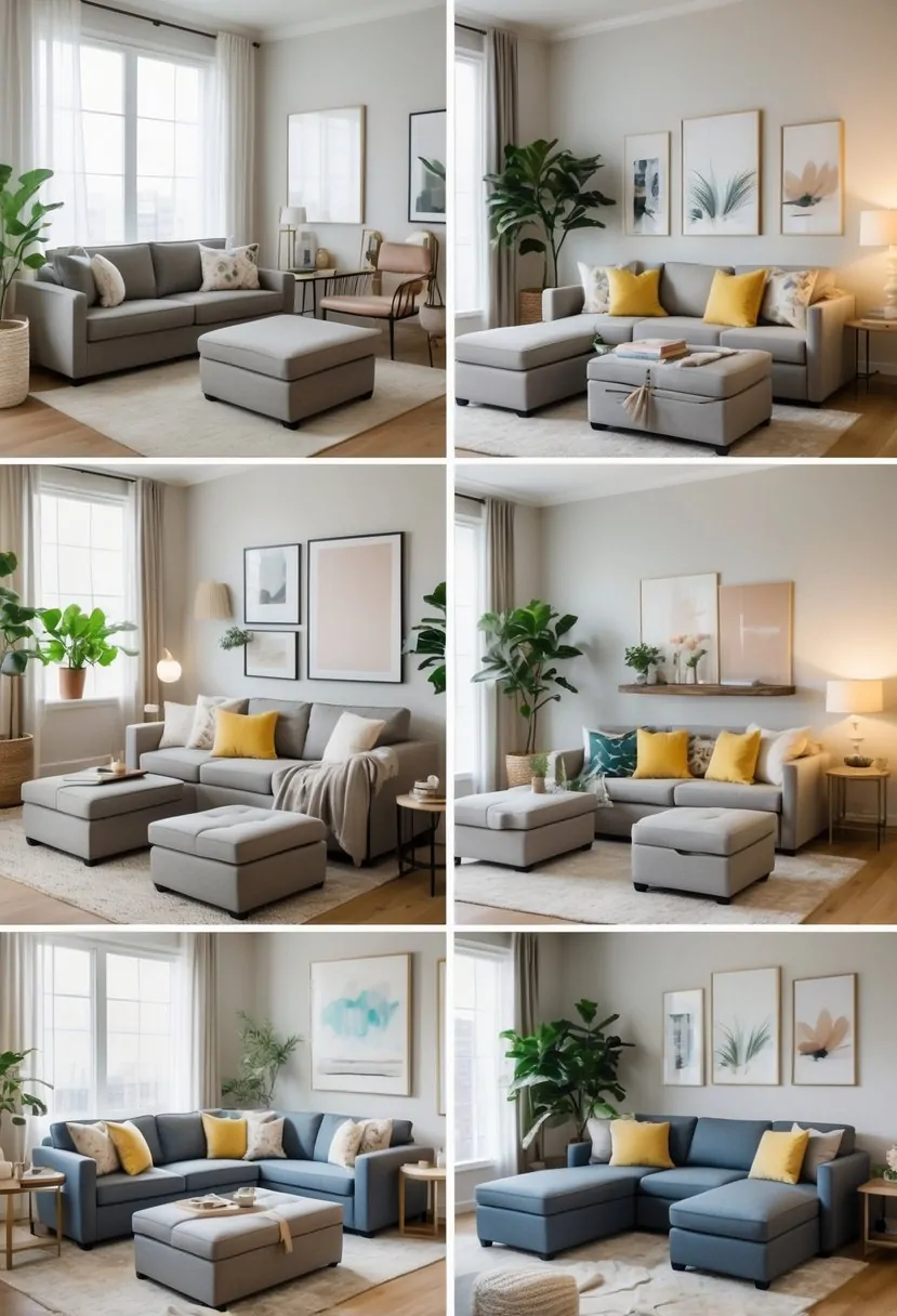 Five different apartment living rooms featuring multifunctional furniture like storage ottomans and sofa beds arranged to maximize space and comfort.