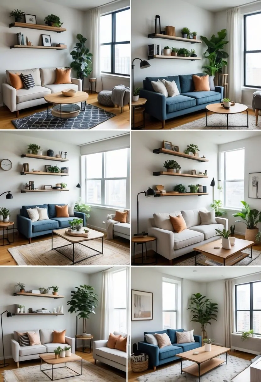 Five apartment living rooms featuring wall-mounted shelves above seating areas to save floor space.