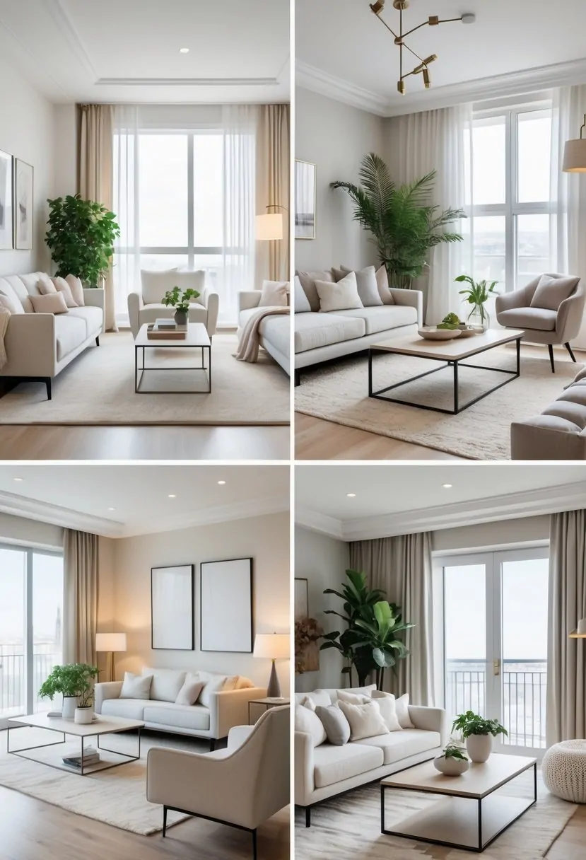 Five different living rooms in an apartment, each with light-colored walls, sofas, coffee tables, and large windows letting in natural light.