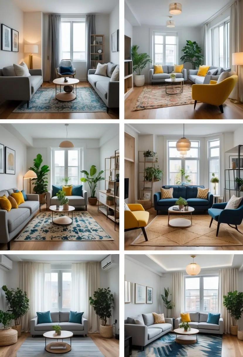 Five different apartment living rooms each with rugs defining separate seating and lounging areas.