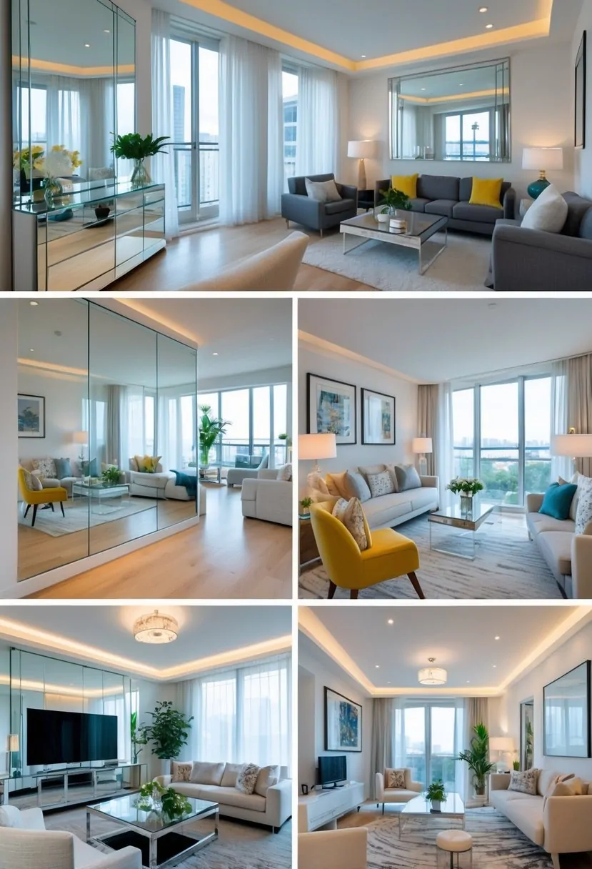 Five apartment living rooms each featuring mirrors that make the rooms appear larger and more spacious.