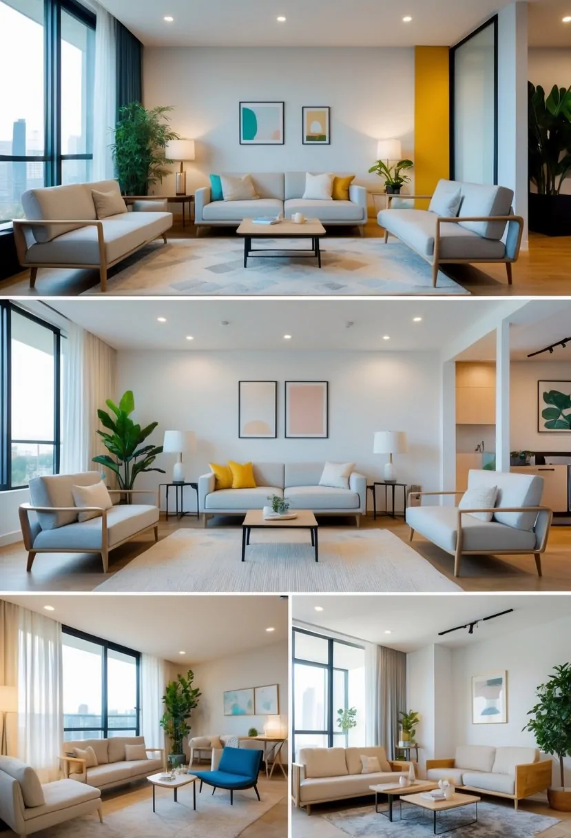 Five different apartment living rooms each with a small sofa and chair arranged around a coffee table in well-lit spaces.