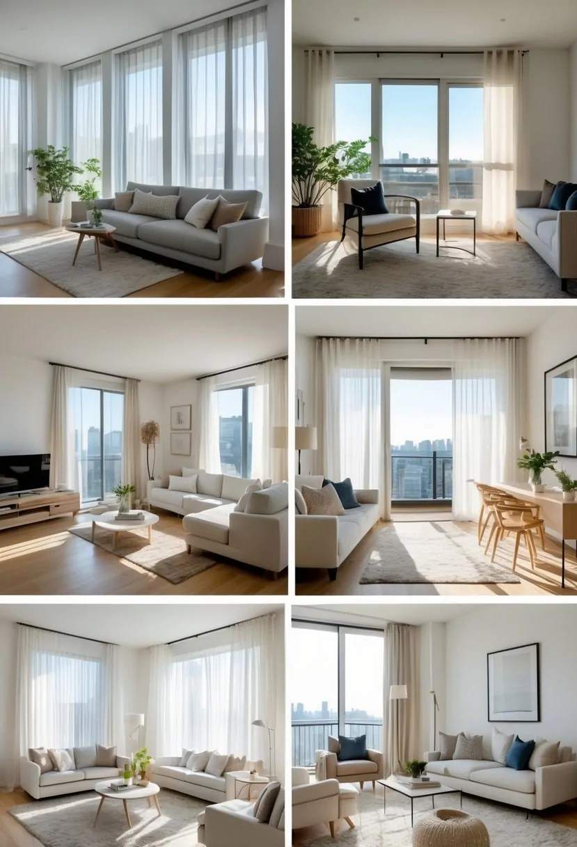 Five bright living rooms in an apartment with large windows and simple window coverings letting in natural sunlight.