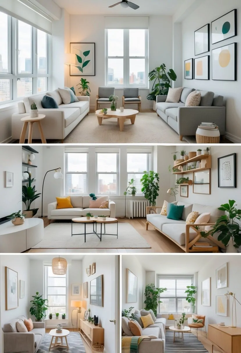 A collage of five small apartment living rooms, each arranged with space-saving furniture and bright natural lighting.