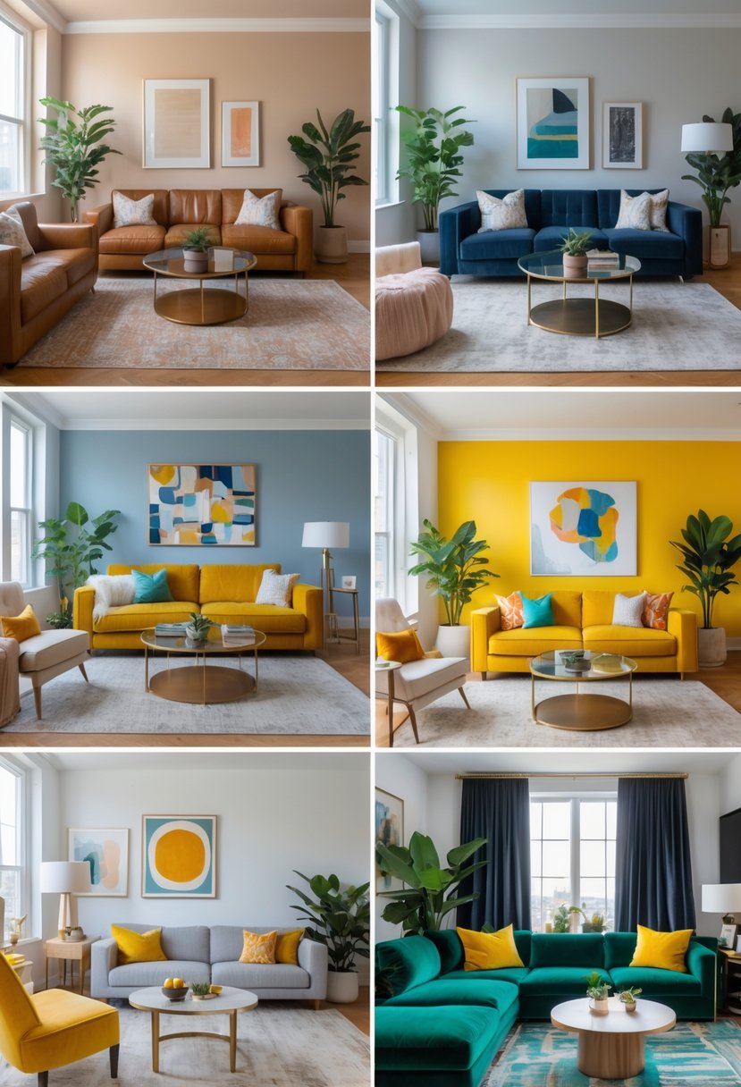 A side-by-side display of five different living rooms, each with distinct furniture, colors, and decor accents.
