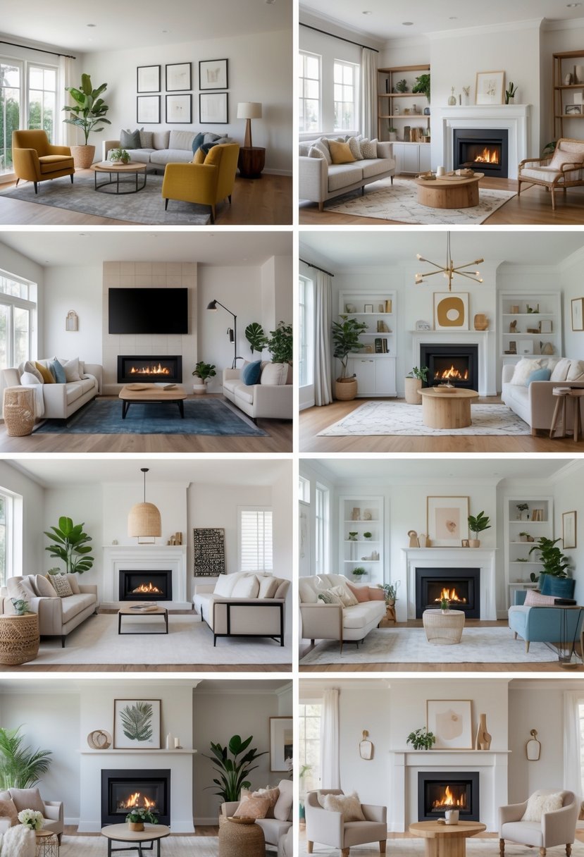 Six different living rooms, each with a fireplace and various furniture and decorations.
