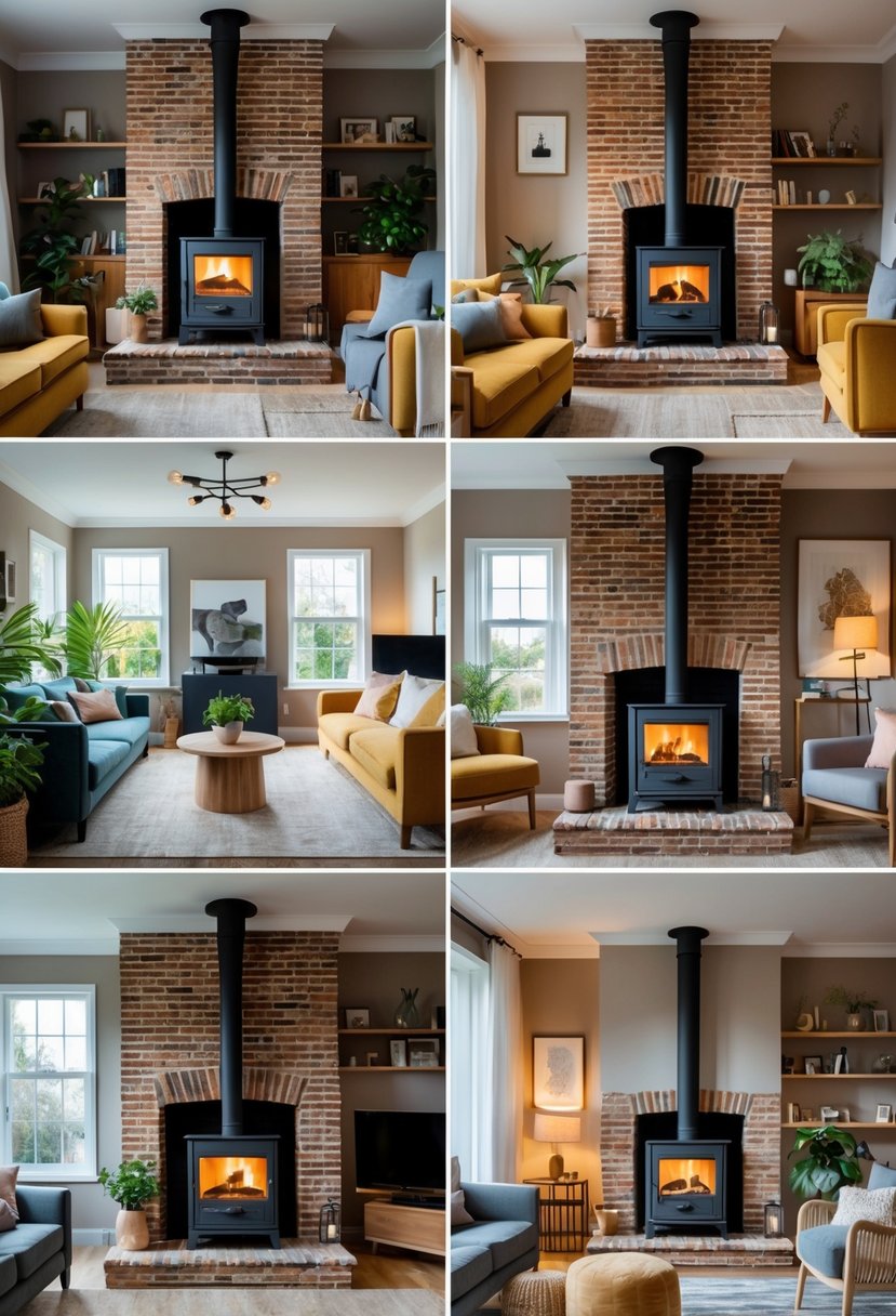 Six living rooms each with a brick fireplace and a black wood-burning stove surrounded by furniture and decor.