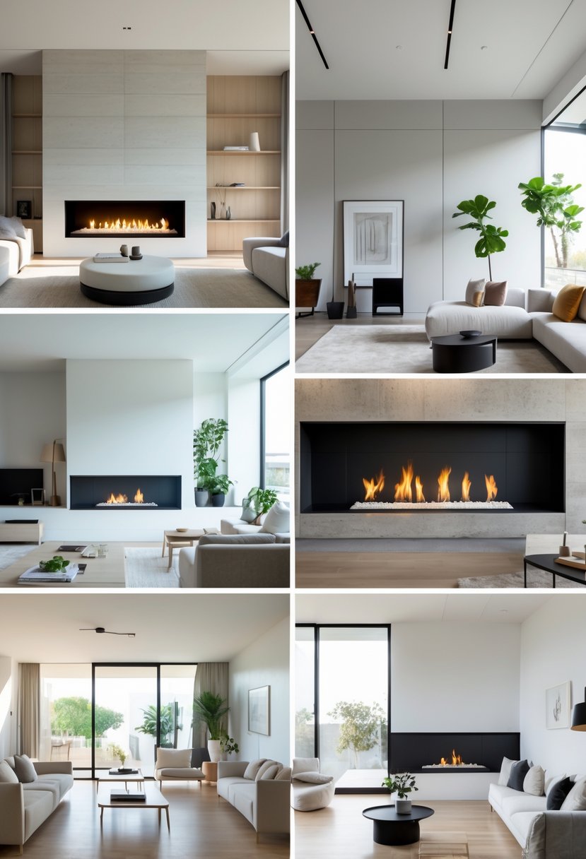 Six living rooms each featuring a modern fireplace with clean lines, simple furniture, and natural light.