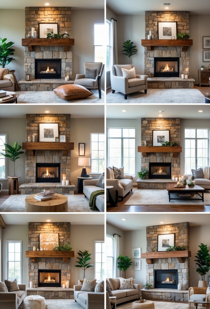 Six living rooms each featuring a stone fireplace with a wooden mantel and comfortable seating arrangements.