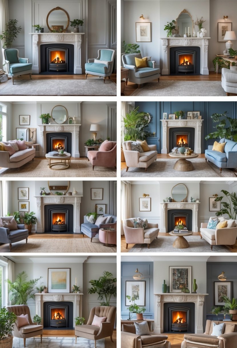 Six living rooms, each with a traditional fireplace and ornate mantelpiece, arranged with furniture and decorations.