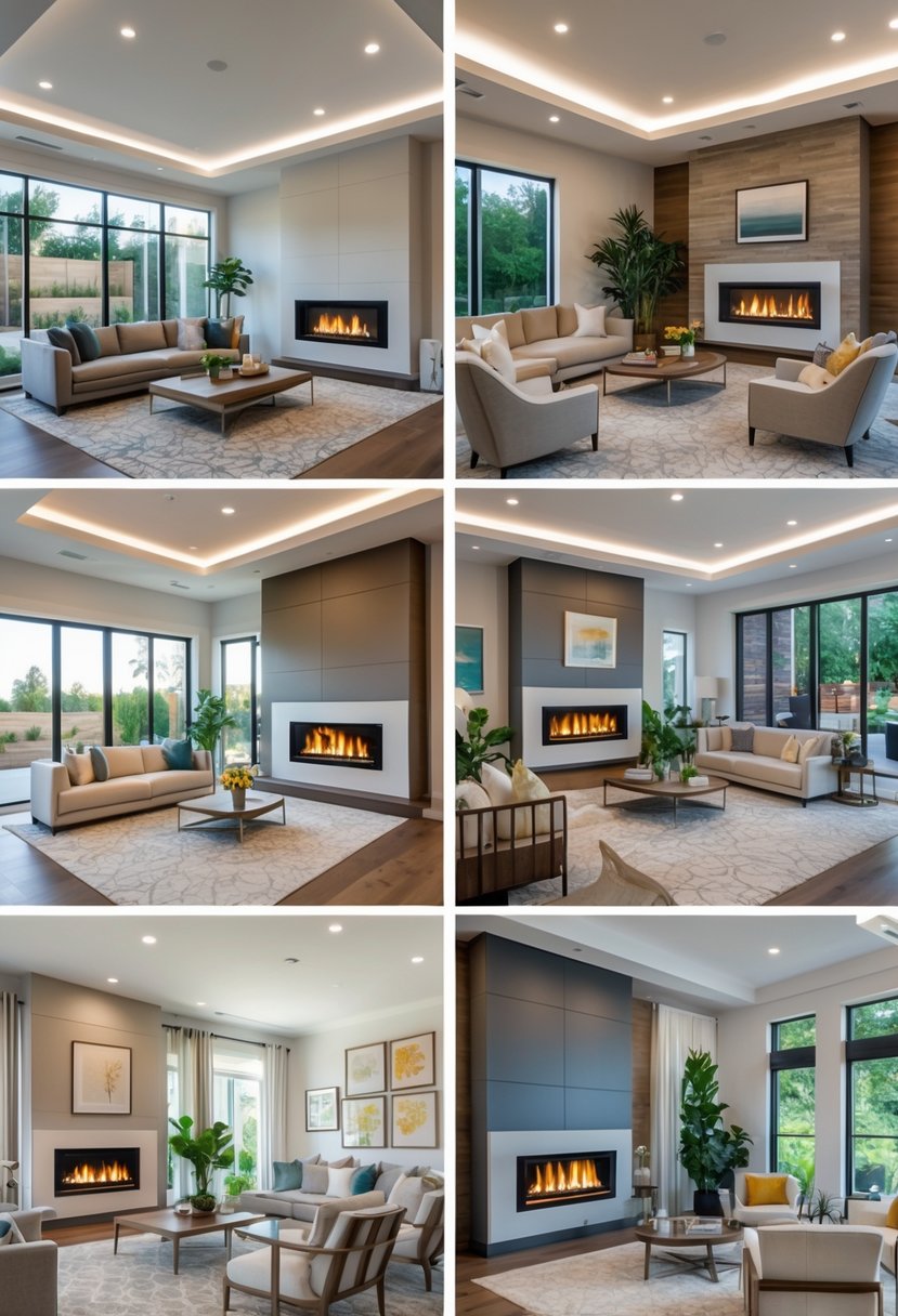 Six open concept living rooms featuring double-sided fireplaces with seating areas on both sides.