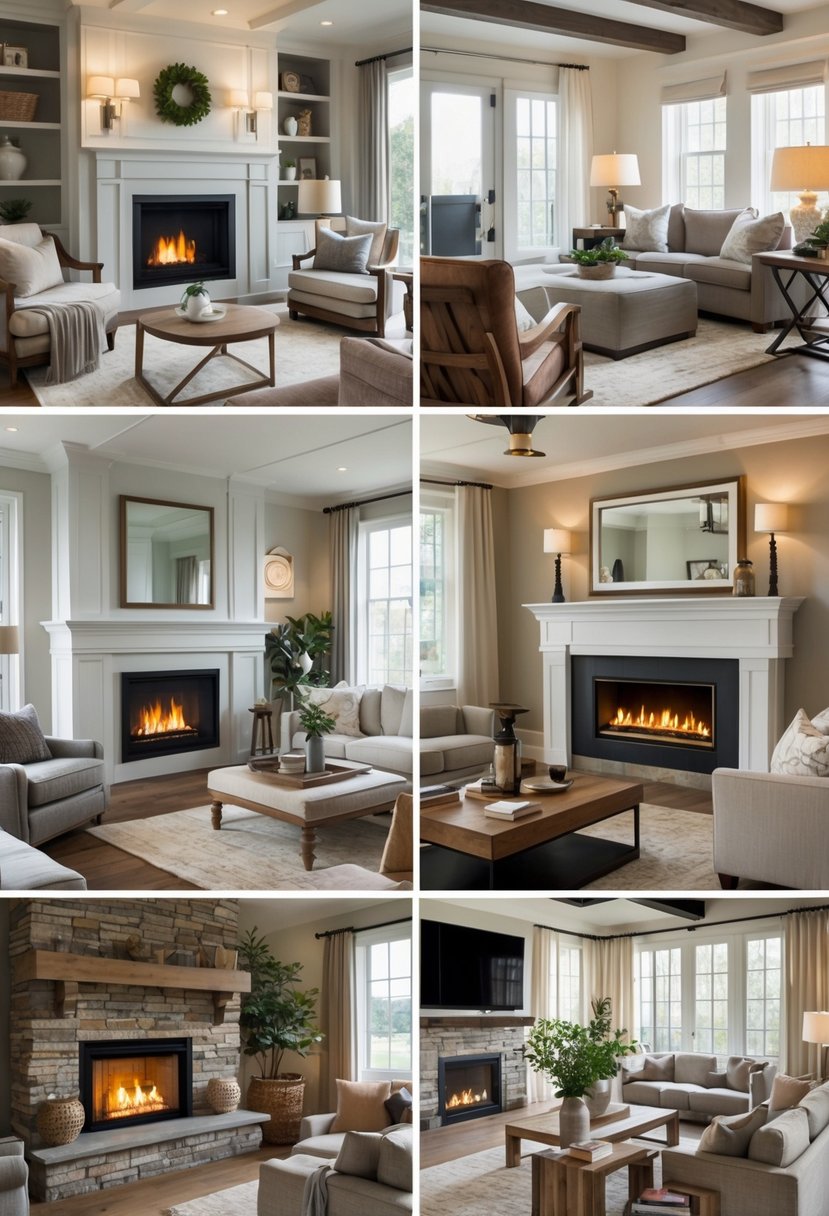 Six living rooms each featuring a fireplace with seating and decor arranged around it.