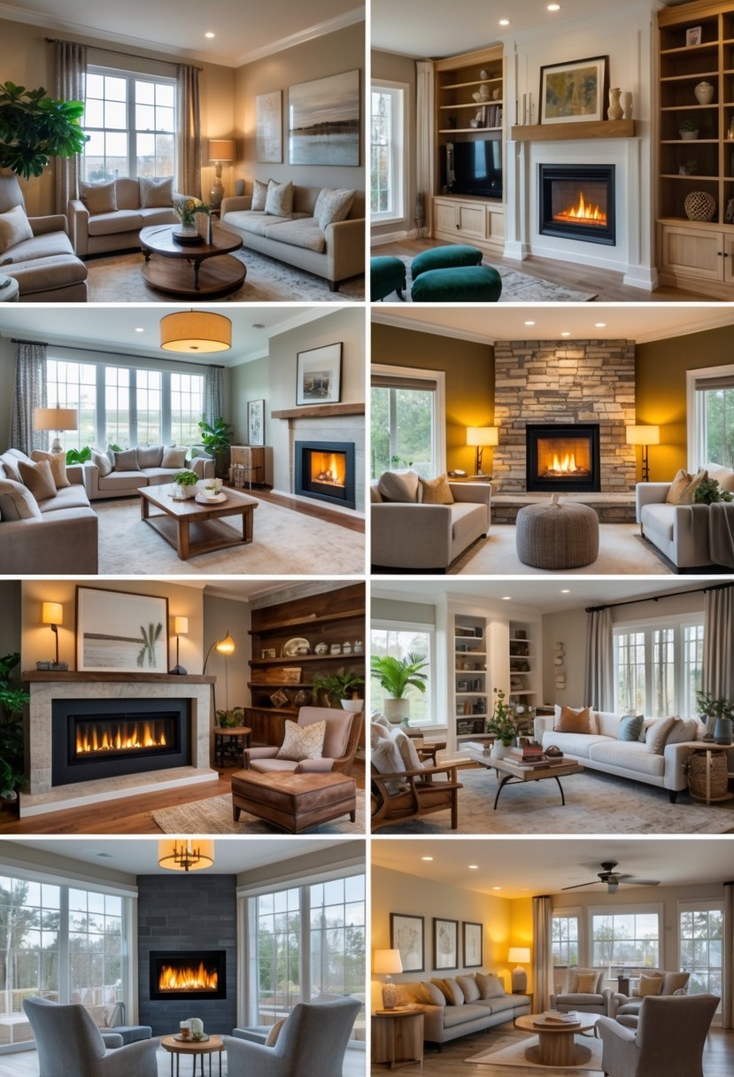 Six different living rooms, each with a fireplace surrounded by seating and decor.