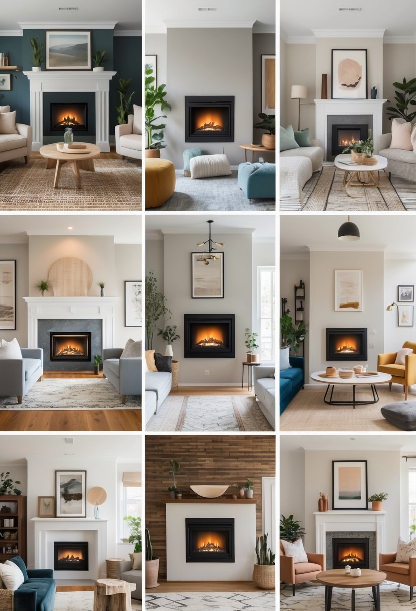 Six different living rooms each with a fireplace, showing various furniture and decor arrangements.