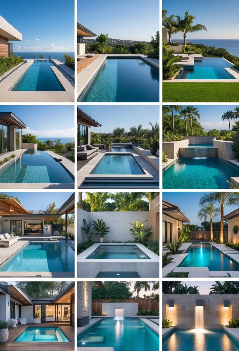 A collage showing ten different backyard swimming pools with various shapes, landscaping, and features like water slides, hot tubs, and waterfalls.
