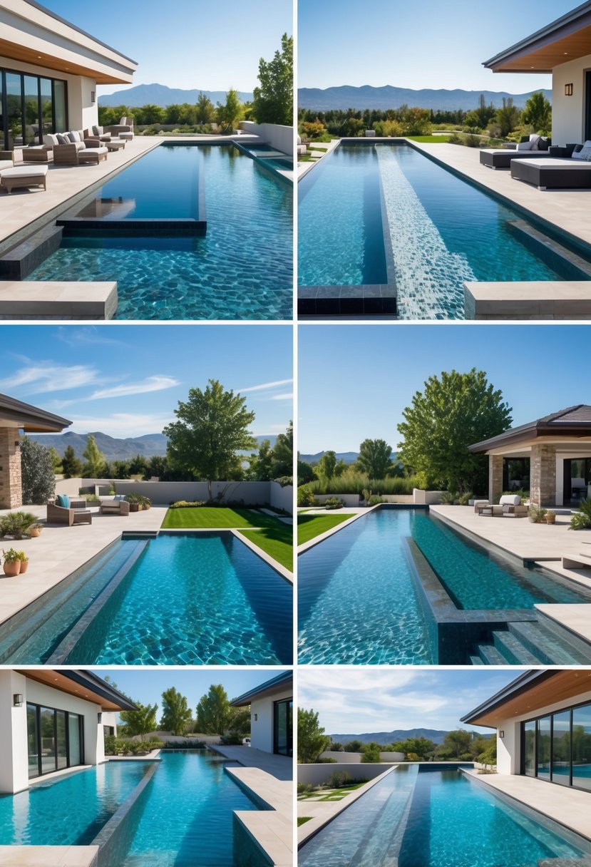 A backyard with multiple infinity edge swimming pools showing seamless water views surrounded by greenery and outdoor furniture.