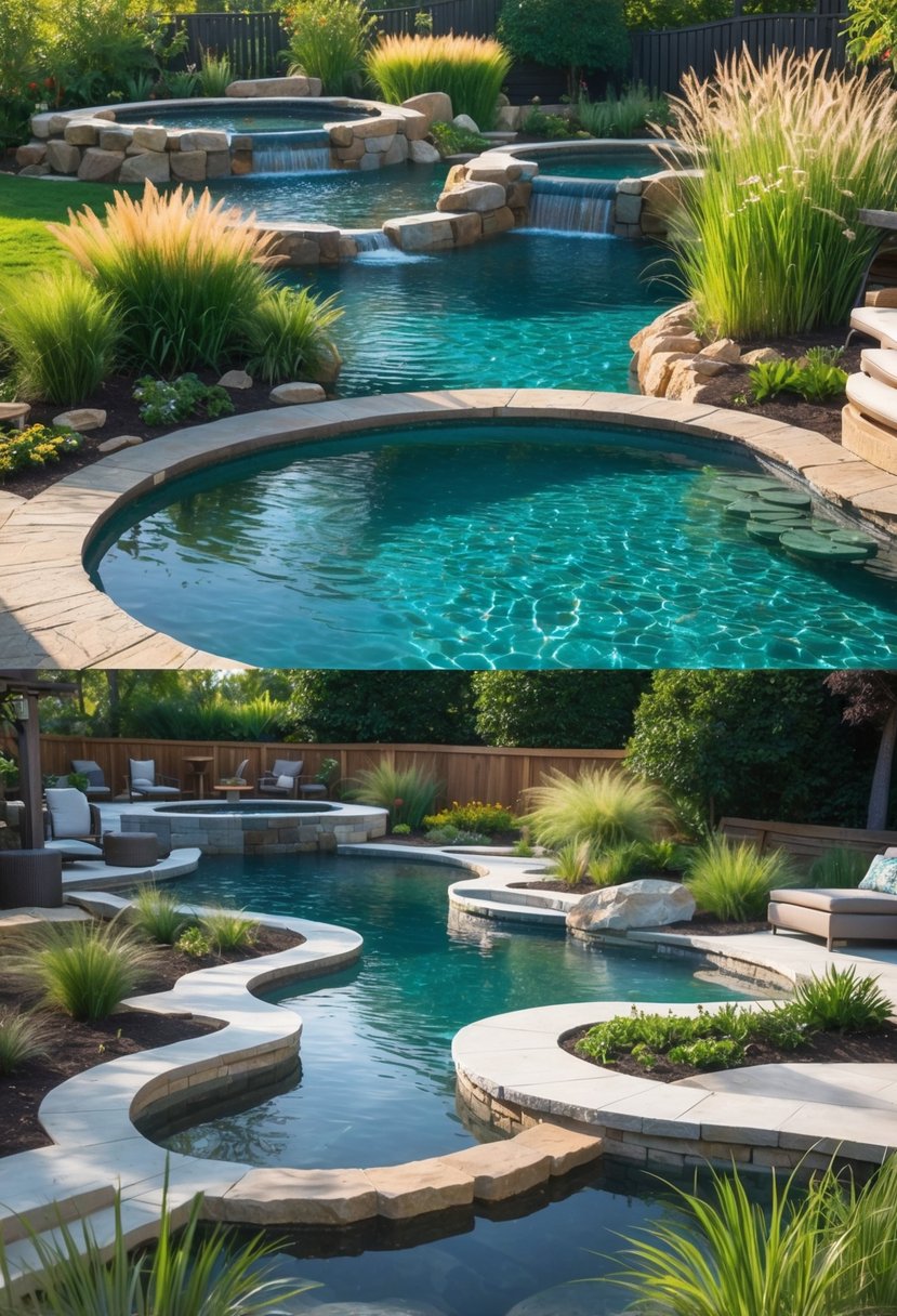 Ten backyard natural swimming ponds integrated with plants, stones, and outdoor seating in a sunny garden setting.